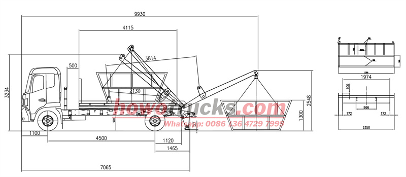 Howo 4x2 skip loader truck technical drawing